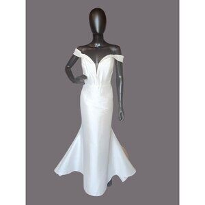 Ivory Satin Twill Fit-Flare Off Shoulder Wedding Gown - Allure Bridals